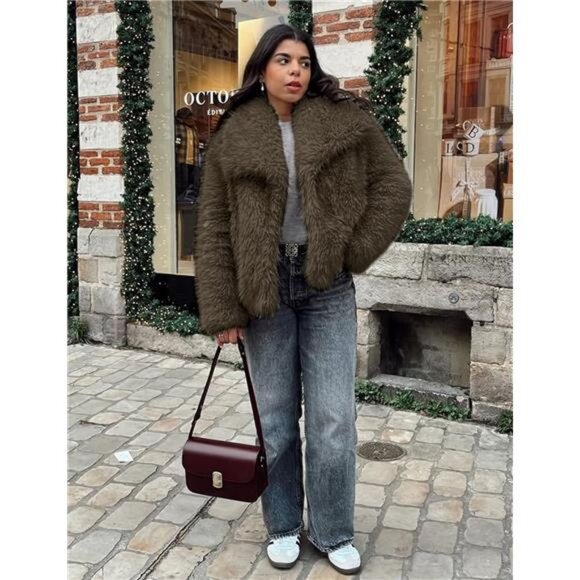 Womens Faux Fur Coat Lapel Open Front Fluffy Shaggy Jacket Darkbrown - Picture 5 of 6